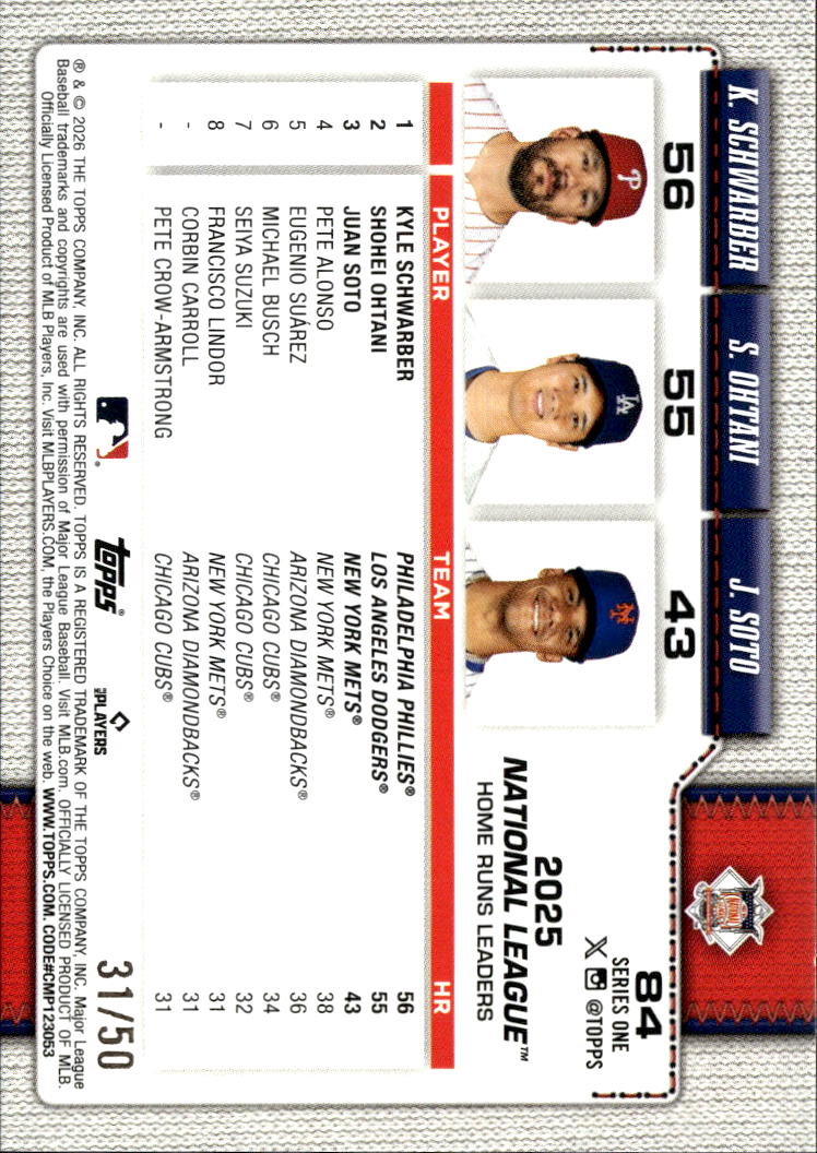 Kyle Schwarber Shohei Ohtani Juan Soto 2026 Topps GOLD 31/50 Dodgers