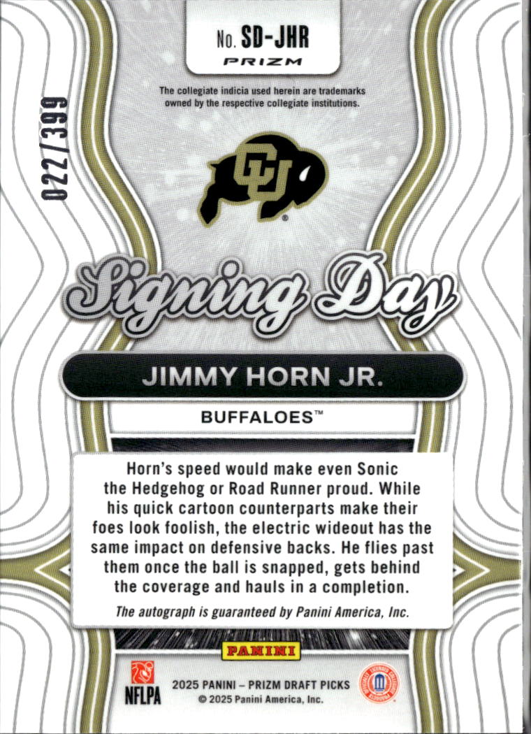 Jimmy Horn Jr. 2025 Prizm Draft Auto Autograph RC 22/399 Colorado Buffaloes