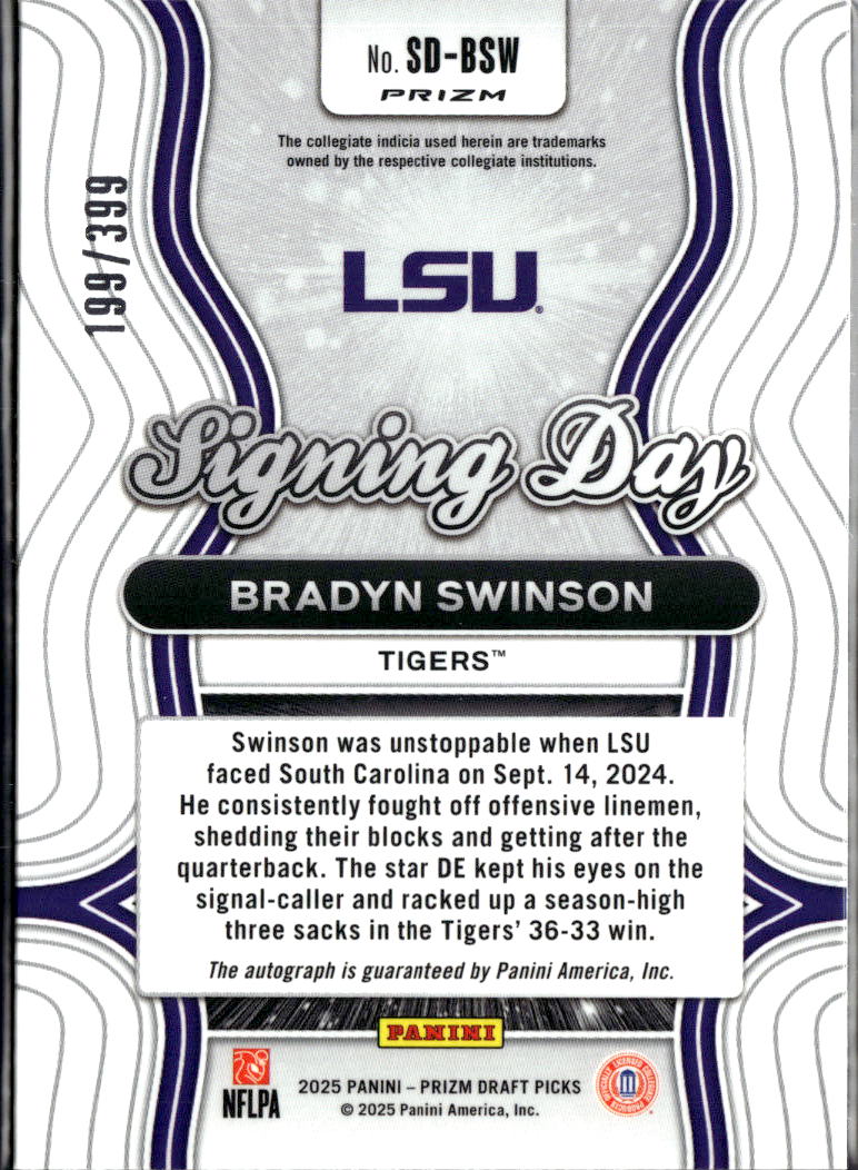 Bradyn Swinson 2025 Prizm Draft Auto Autograph RC 199/399 LSU Tigers