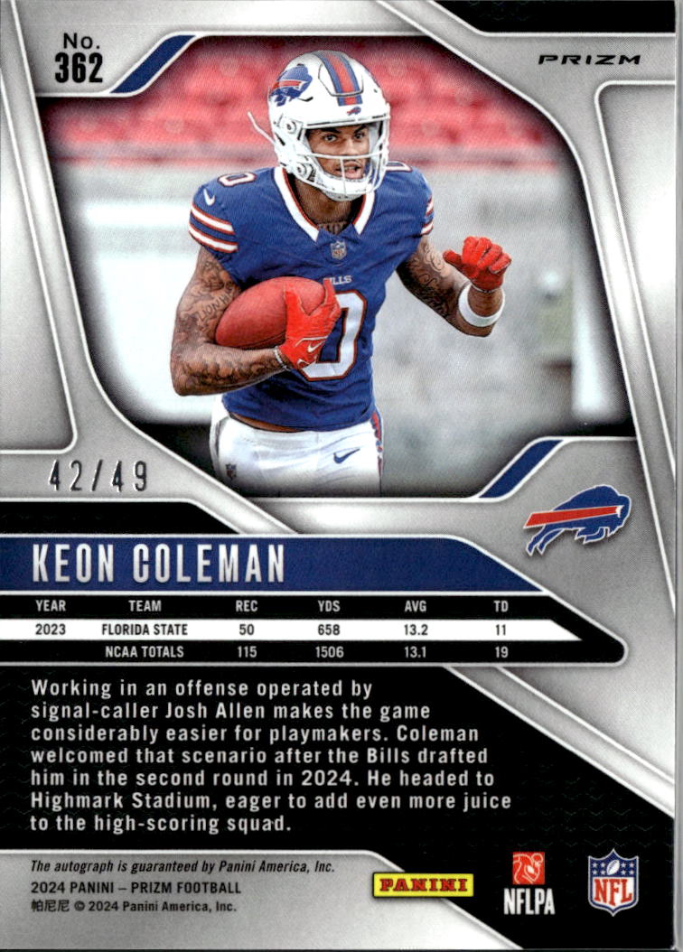 Keon Coleman 2024 Prizm Auto Autograph Purple RC 42/49 Buffalo Bills