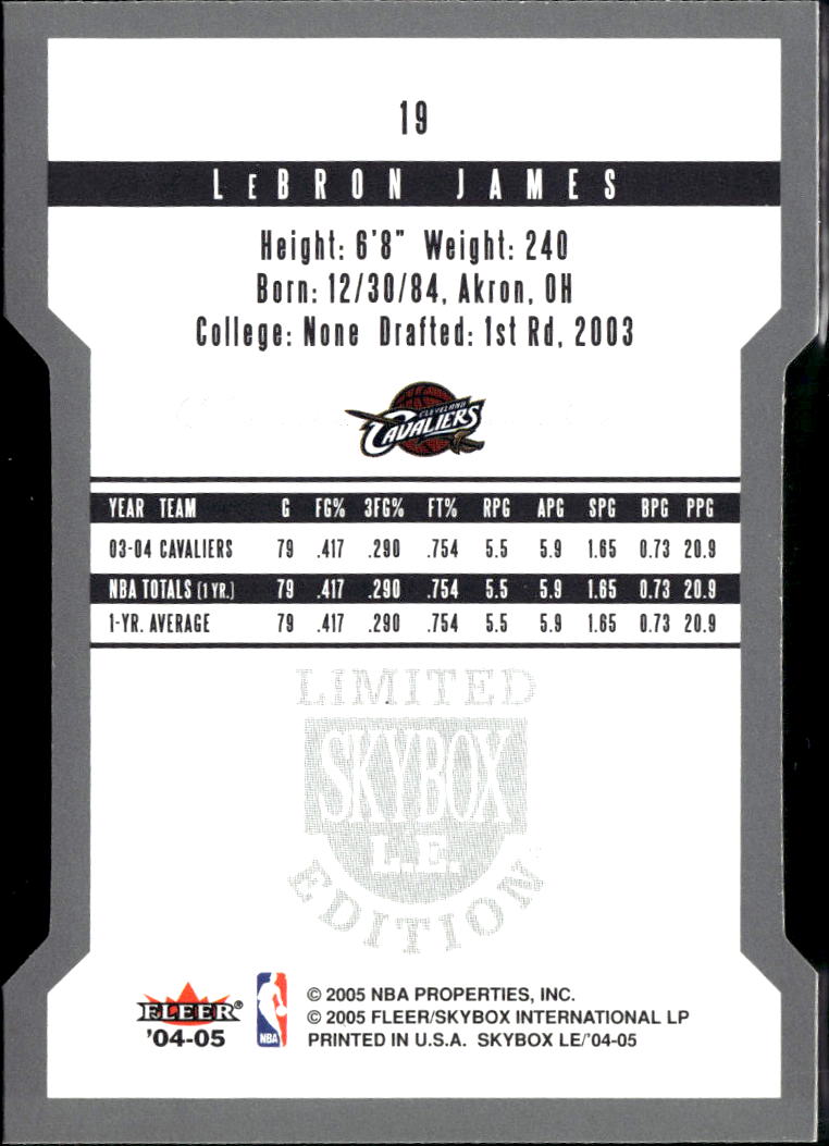 LeBron James 2004-05 SkyBox LE Die-Cut #19 Cleveland Cavaliers