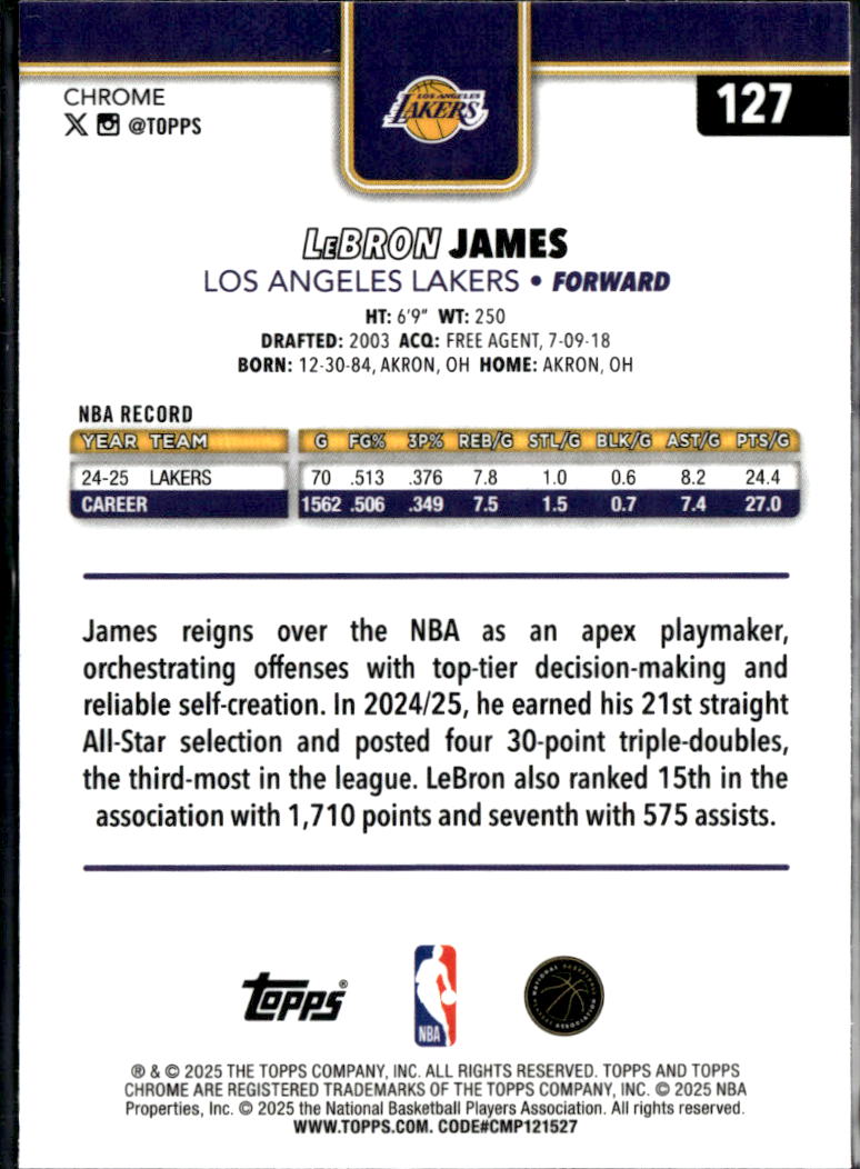 LeBron James 2025-26 Topps Chrome Basketball Refractor #127 Los Angeles Lakers