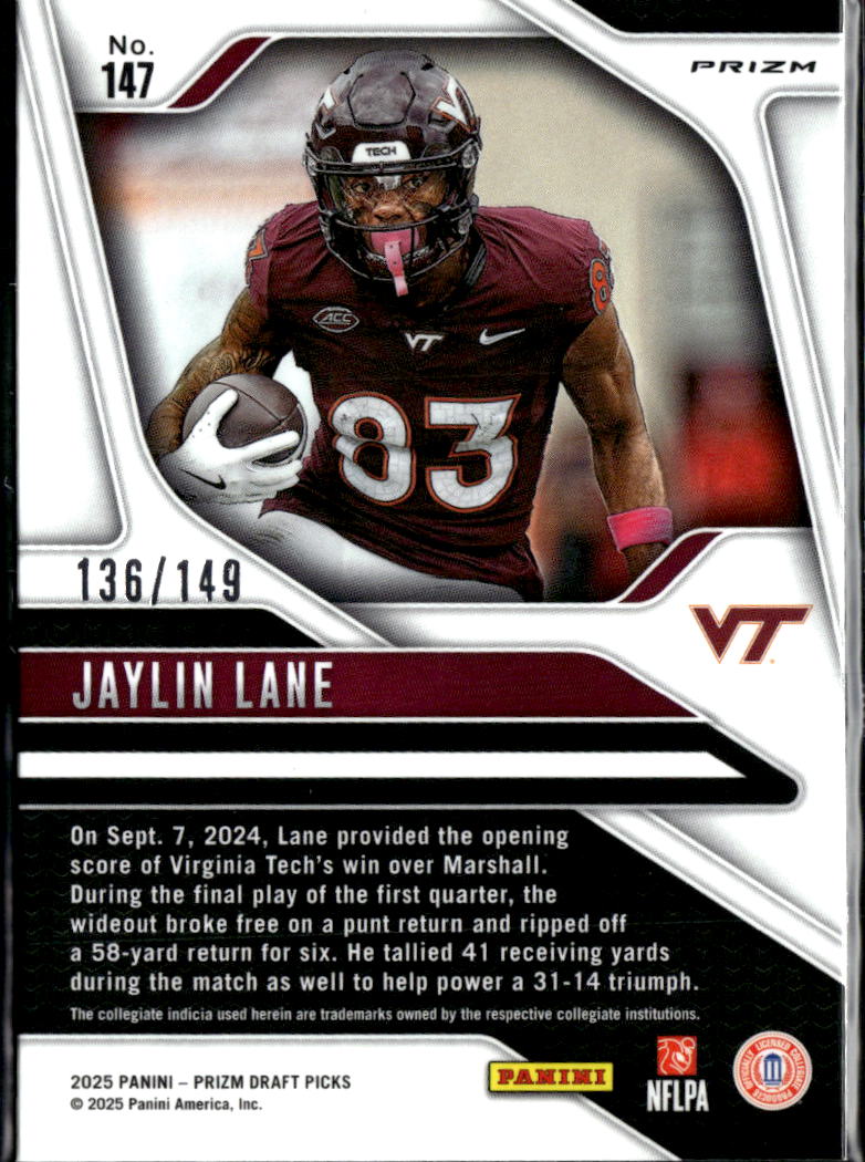Jaylin Lane 2025 Prizm Draft Picks RC Blue Ice 136/149 Virginia Tech Hokies