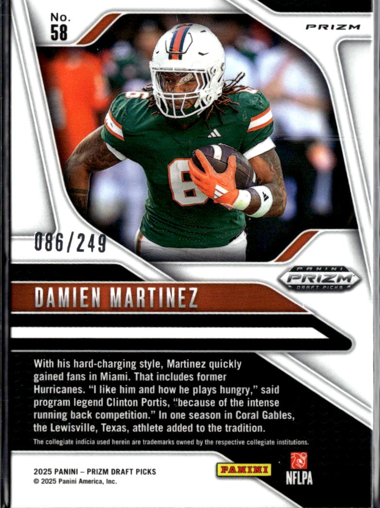 Damien Martinez 2025 Prizm Draft Picks RC Blue 86/249 Miami Hurricanes