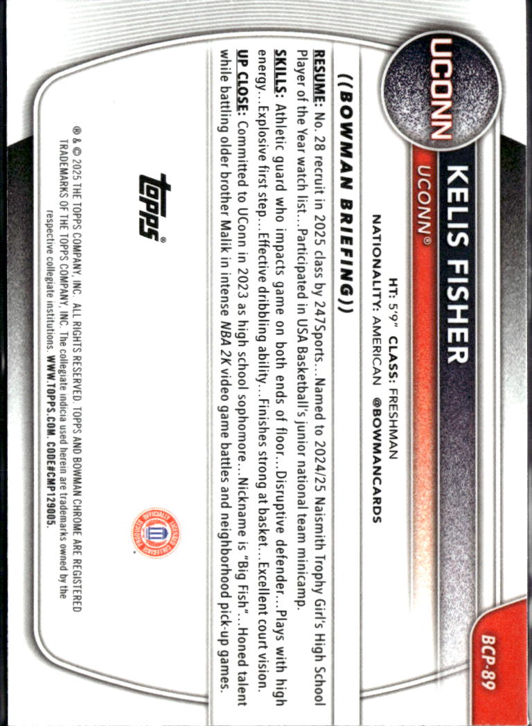 Kelis Fisher 2025 Bowman Chrome 1st Blue Refractor /150 UConn Huskies