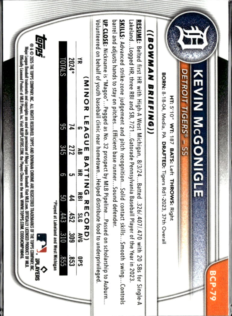 Kevin McGonigle 2025 Bowman Chrome 1st Rookie RC Detroit Tigers