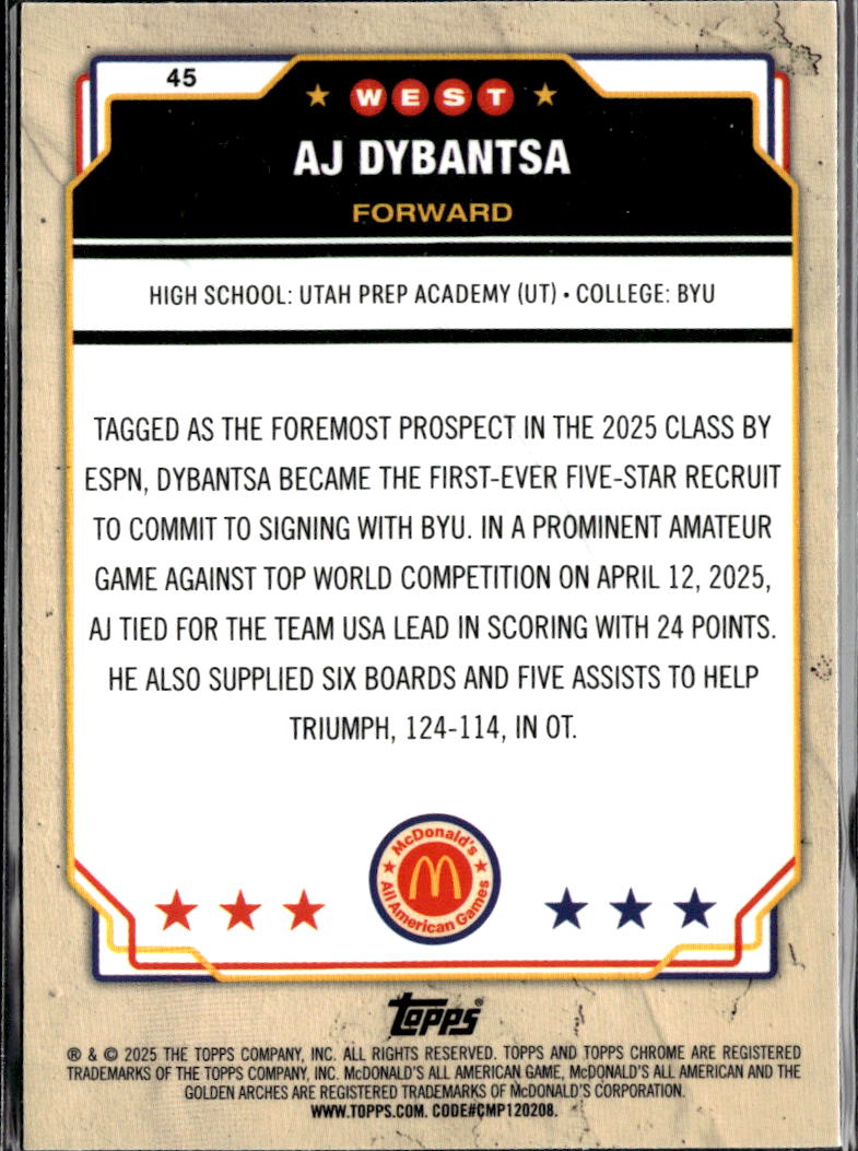 AJ Dybantsa 2025 Topps Chrome McDonald's All American West RC Rookie