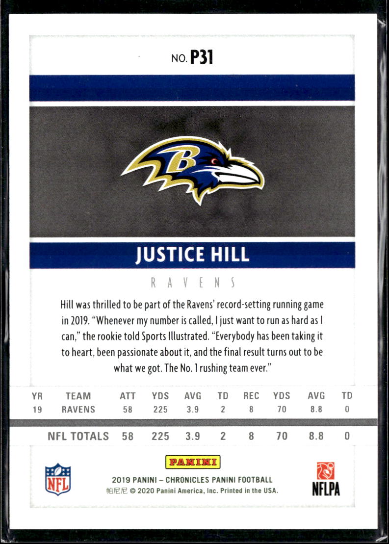Justice Hill 2020 Chronicles Panini Purple Rookie RC 6/49 Baltimore Ravens OSU