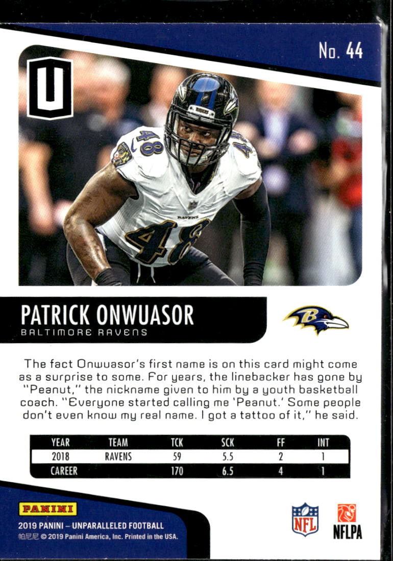 Patrick Onwuasor 2019 Panini Unparalleled Rookie RC Baltimore Ravens