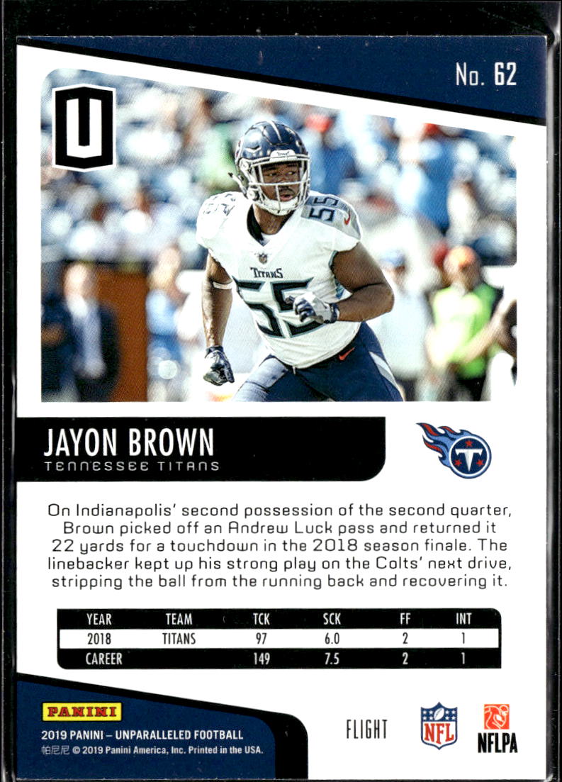 Jayon Brown 2019 Panini Unparalleled Rookie RC Flight Tennessee Titans