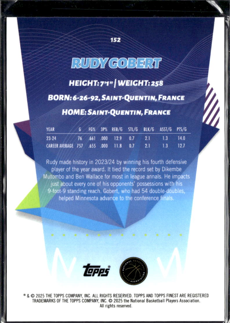 Rudy Gobert 2025 Topps Finest Blue Refractor /50 Minnesota Timberwolves