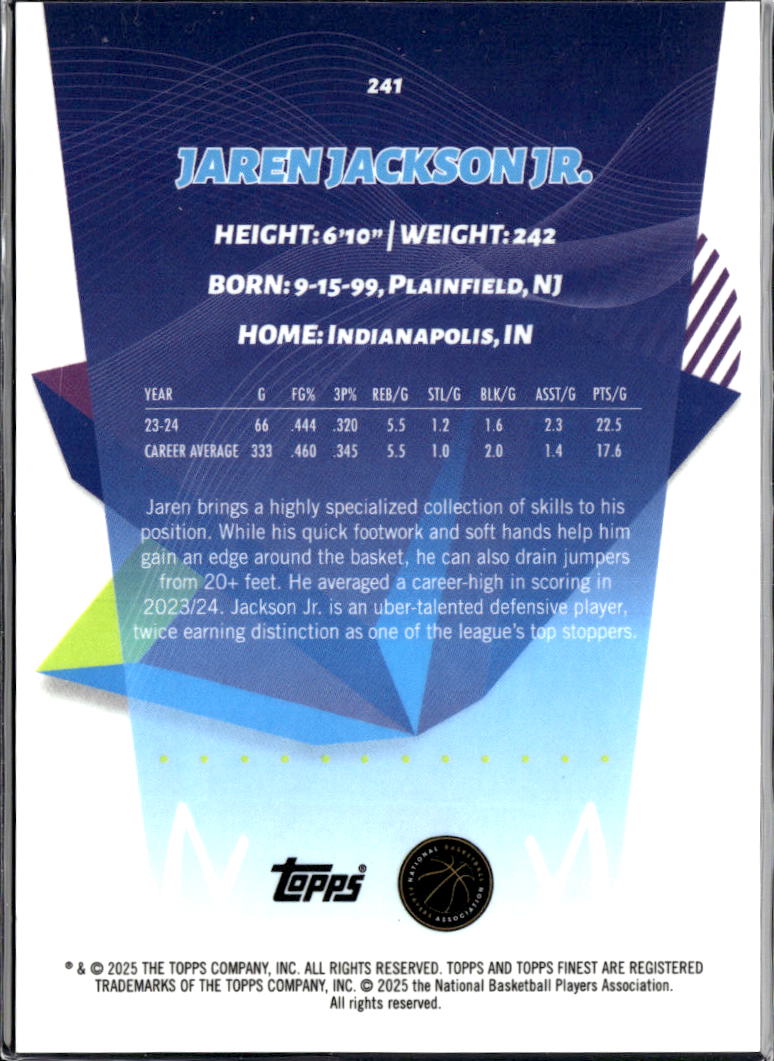 Jaren Jackson Jr. 2025 Topps Finest Blue Refractor /49 Memphis Grizzlies