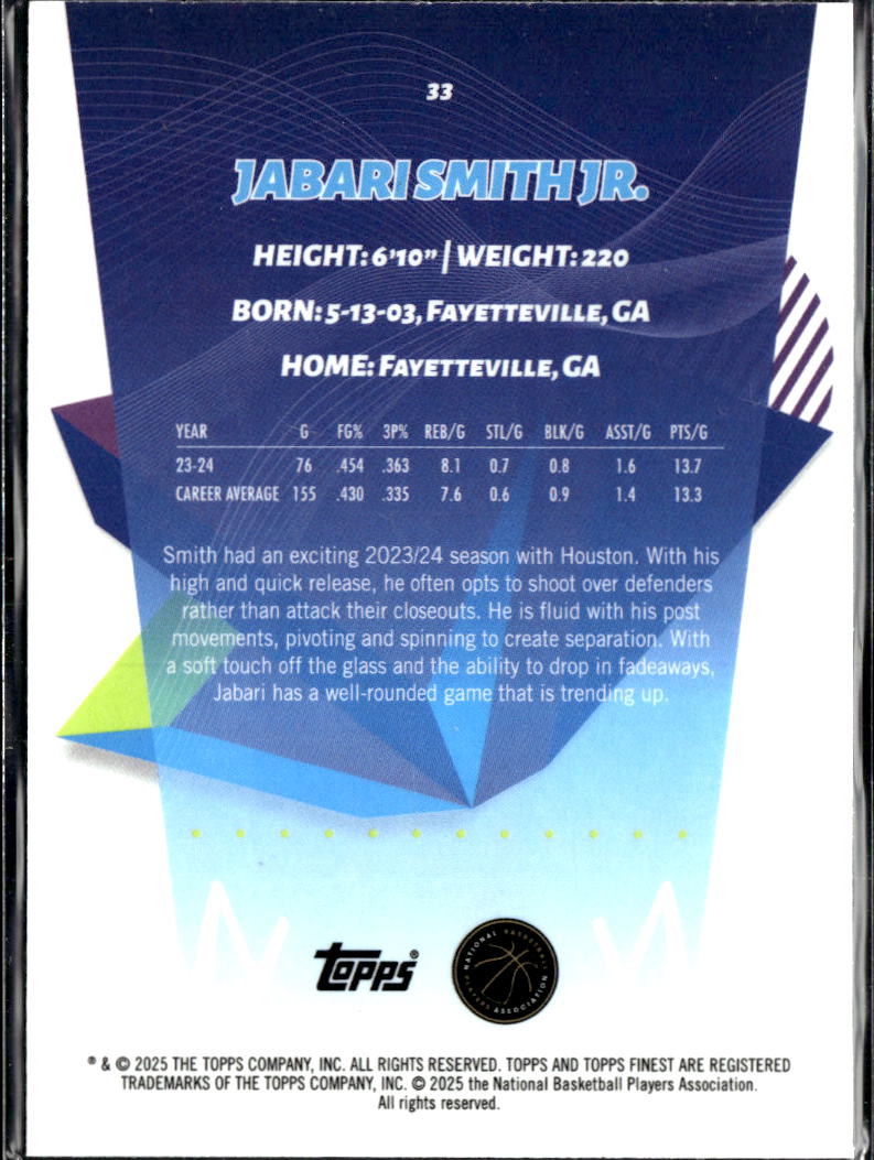Jabari Smith Jr. 2025 Topps Finest Blue Refractor /99 Houston Rockets