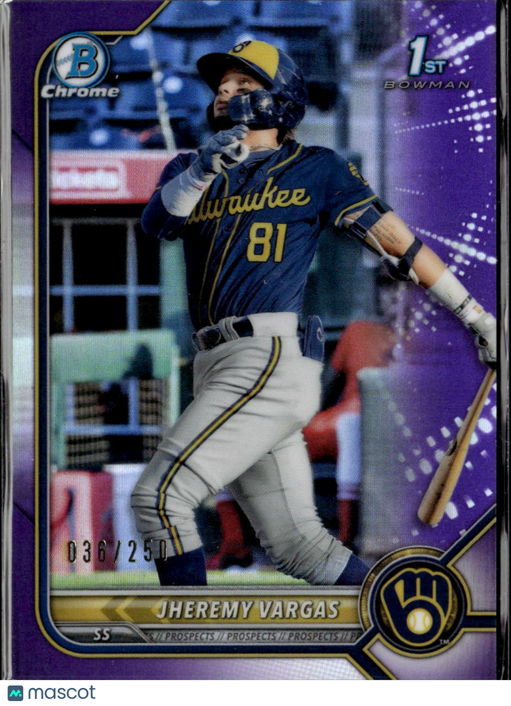 Jheremy Vargas 2022 Bowman Chrome 1st Purple Refractor /250 Milwaukee Brewers