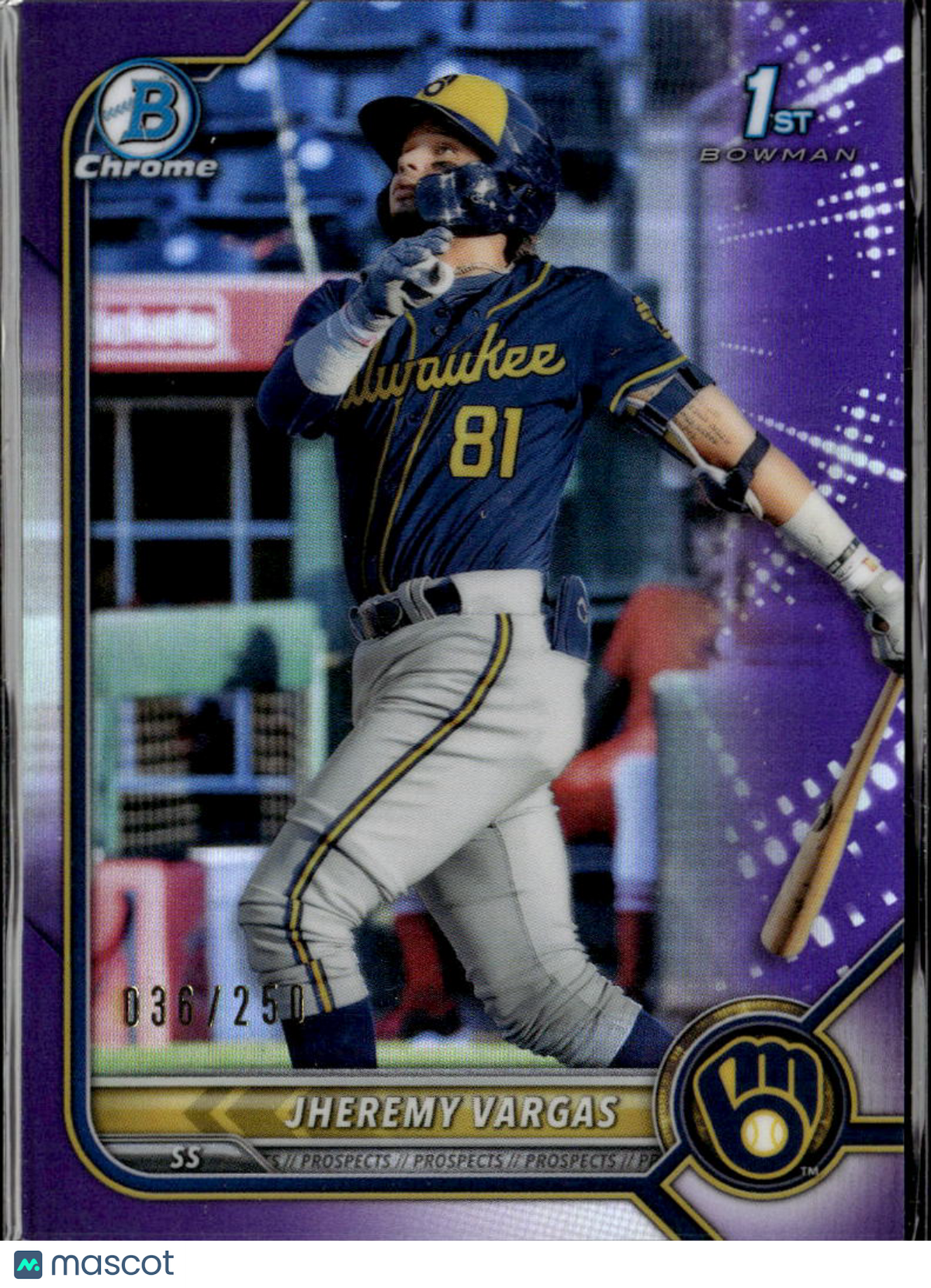 Jheremy Vargas 2022 Bowman Chrome 1st Purple Refractor /250 Milwaukee Brewers