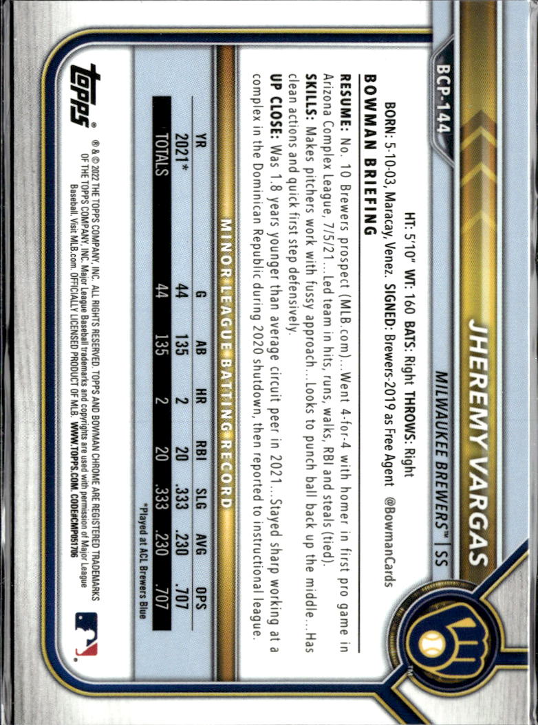 Jheremy Vargas 2022 Bowman Chrome 1st Purple Refractor /250 Milwaukee Brewers
