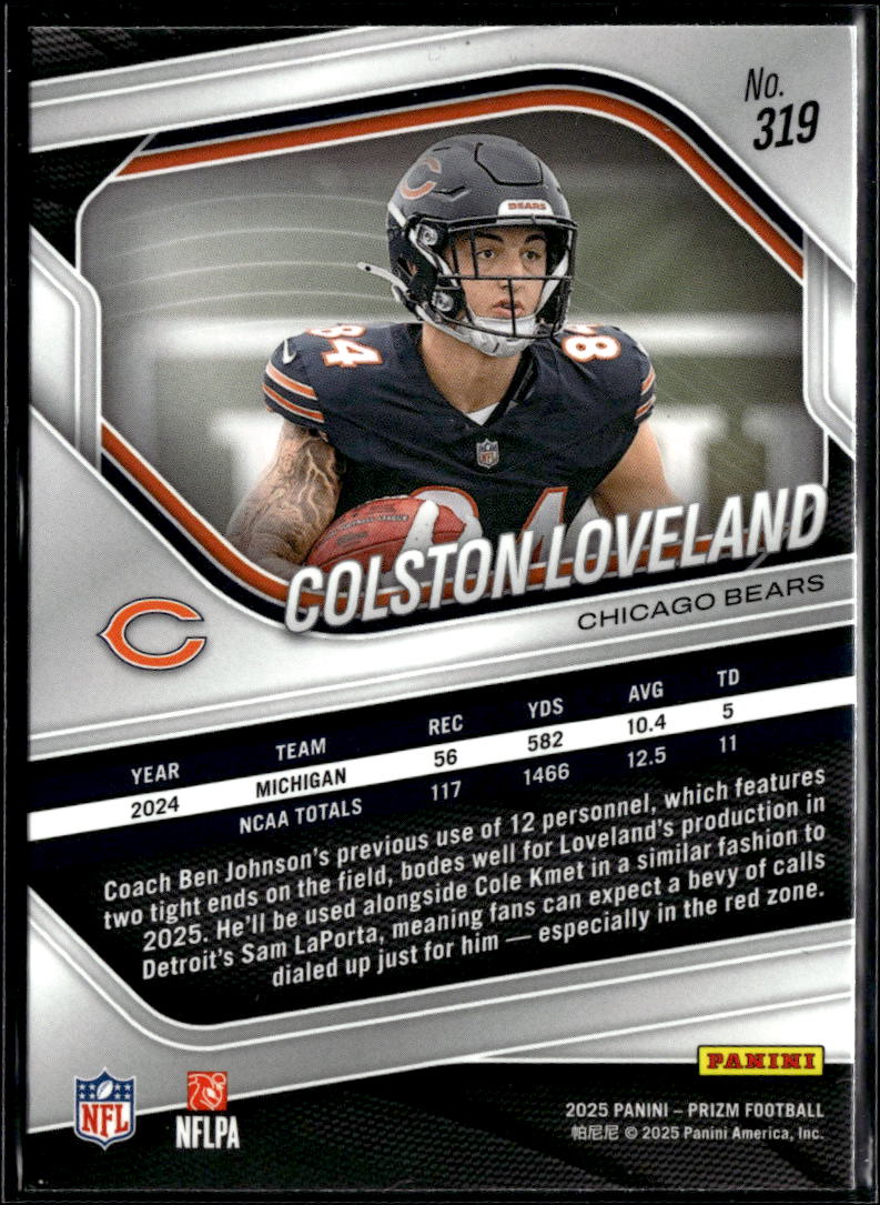 Colston Loveland 2025 Panini Prizm Rookie RC Chicago Bears