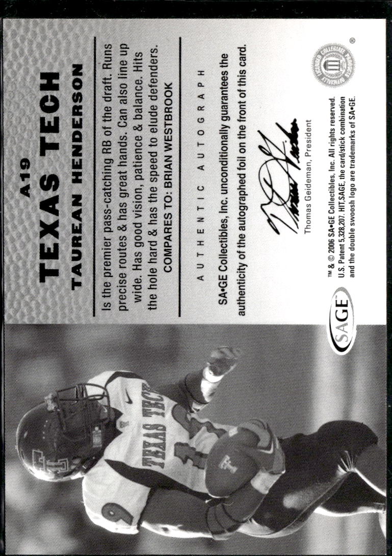 Taurean Henderson 2006 SAGE HIT Auto Autograph RC Texas Tech Red Raiders
