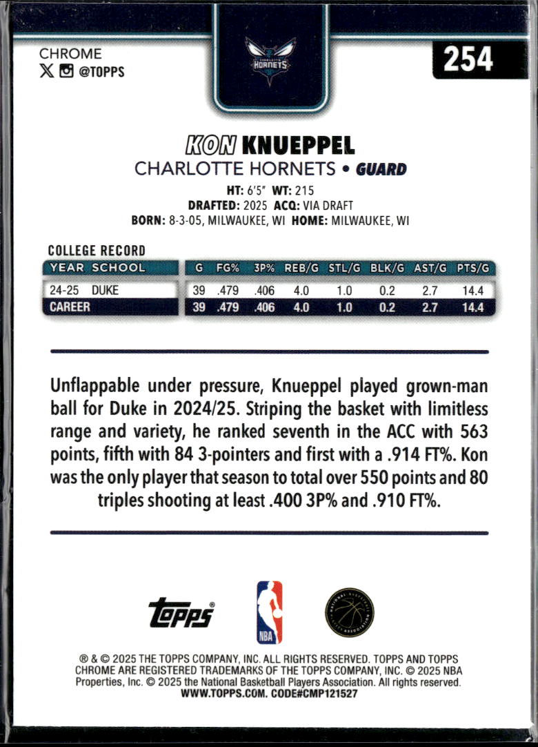 Kon Knueppel 2025 Topps Chrome Rookie RC Charlotte Hornets
