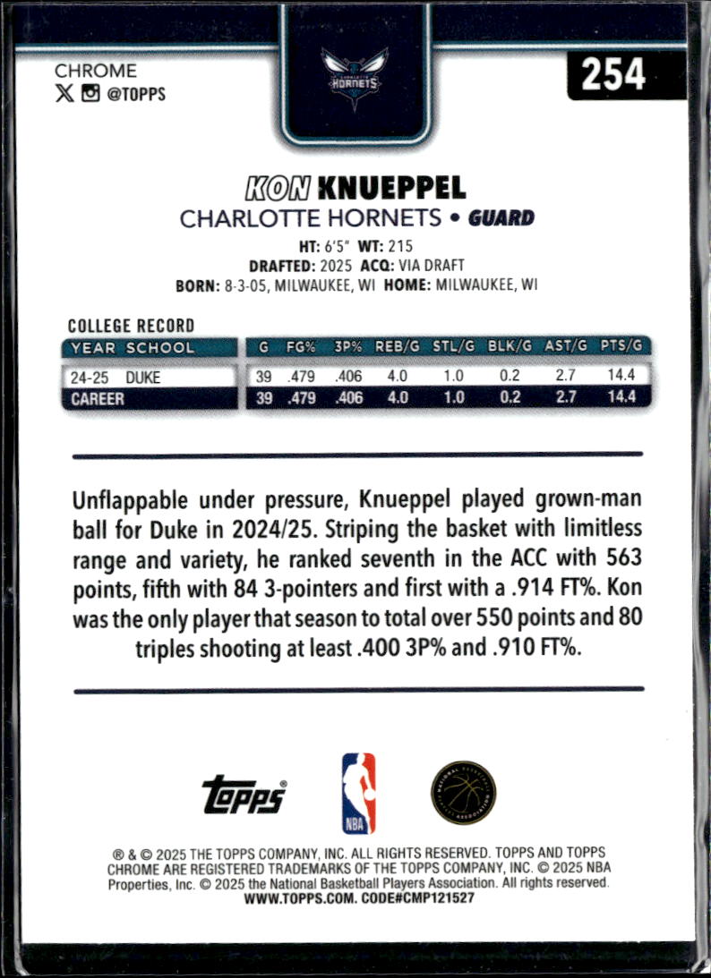 Kon Knueppel 2025 Topps Chrome Rookie RC Charlotte Hornets