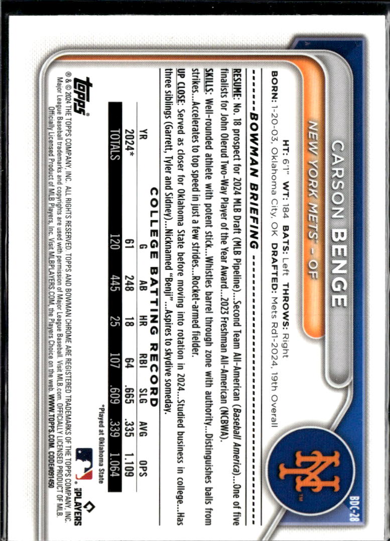Carson Benge 2024 Bowman Chrome 1st Rookie RC New York Mets