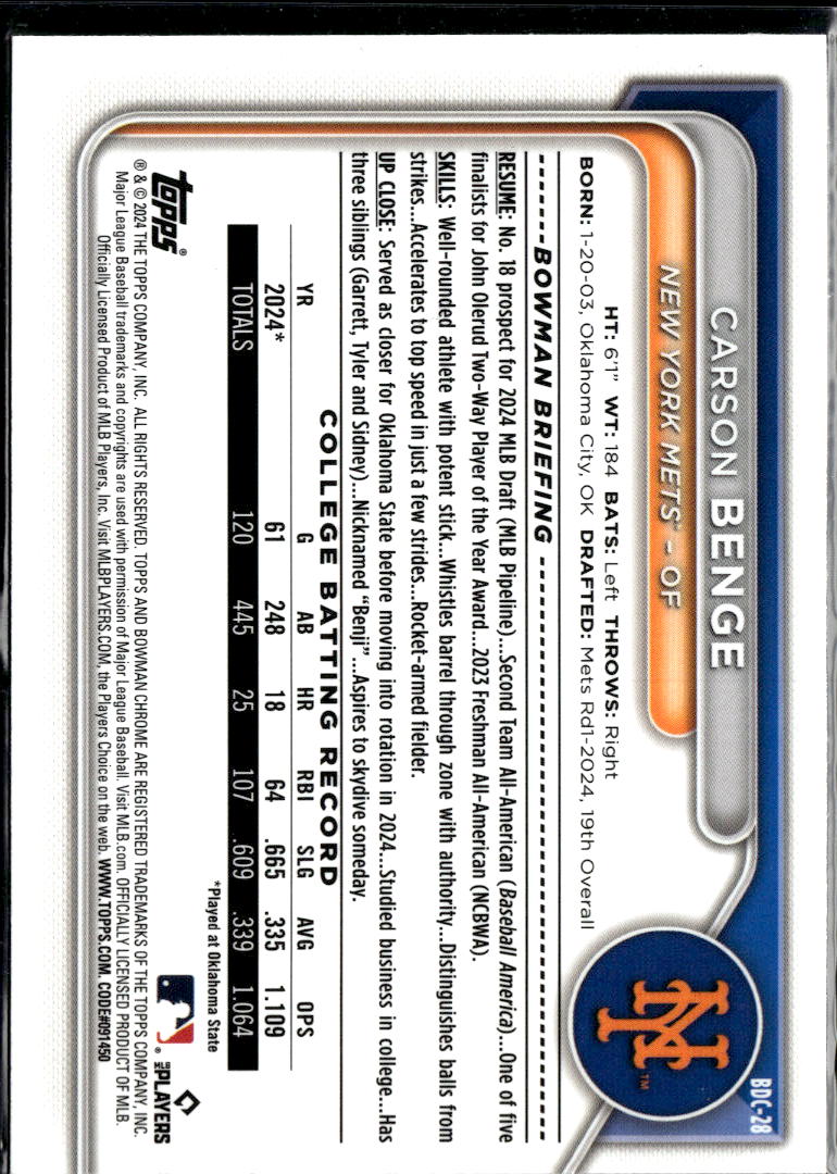 Carson Benge 2024 Bowman Draft Chrome 1st Bowman New York Mets