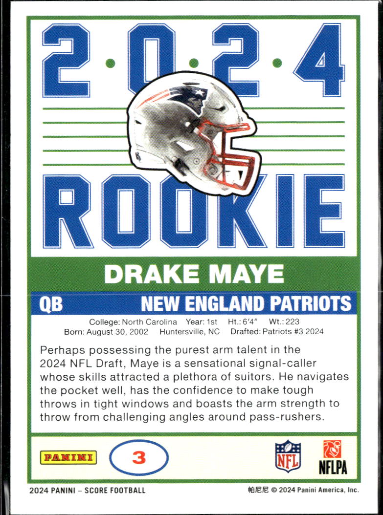 Drake Maye 2024 Score Rookie RC New England Patriots