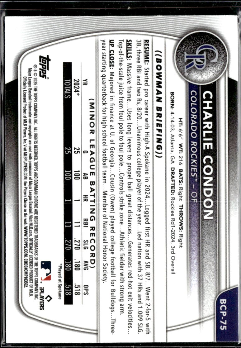 Charlie Condon 2025 Bowman Chrome 1st Mega Box Refractor Colorado Rockies