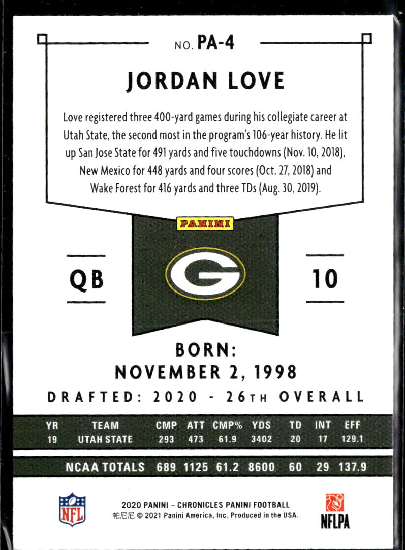 Jordan Love 2020 Chronicles Rookie Pink RC Green Bay Packers