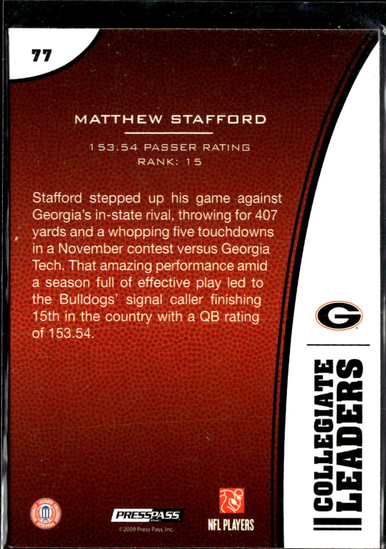 Matthew Stafford 2009 Press Pass Collegiate Leaders Rookie RC Georgia Bulldogs