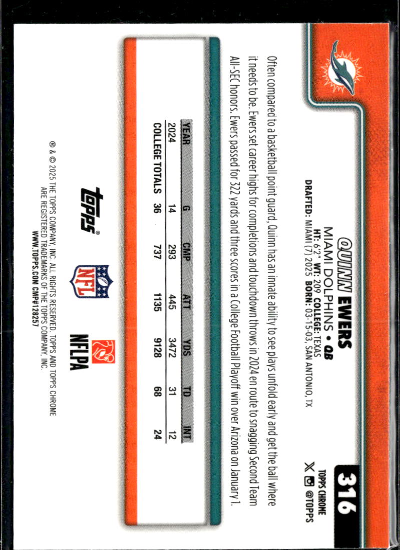 Quinn Ewers 2025 Topps Chrome RC Pulsar Refractor Miami Dolphins