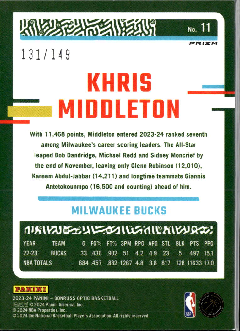 Khris Middleton 2023-24 Optic Lime Green Prizm 131/149 Milwaukee Bucks