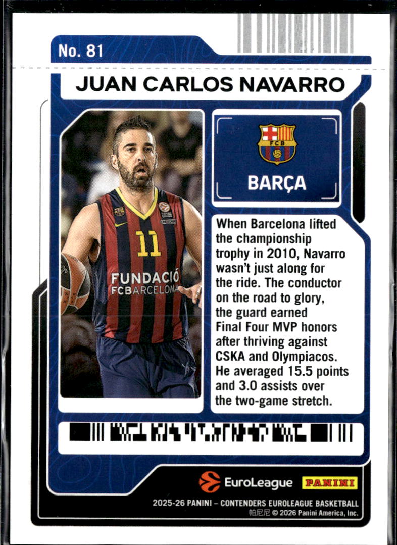 Juan Carlos Navarro 2026 Contenders Basketball 125/199 Barça FC Barcelona