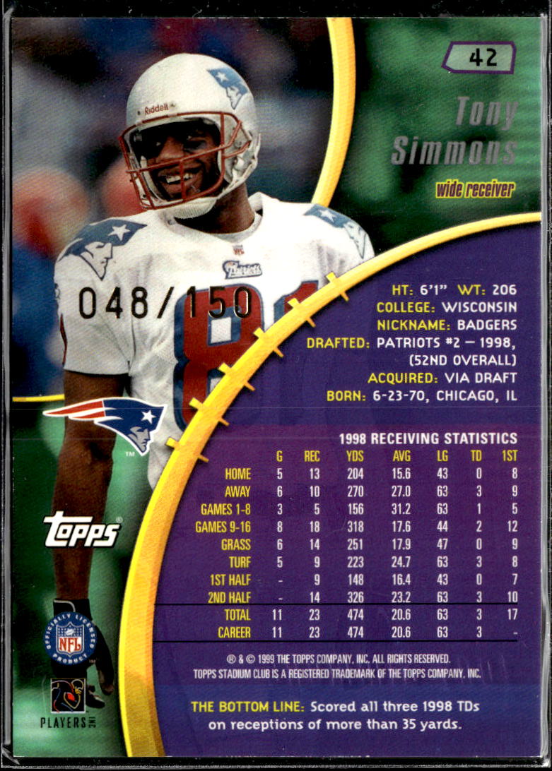 Tony Simmons 1999 Topps Stadium Club First Day Issue 48/150 New England Patriots