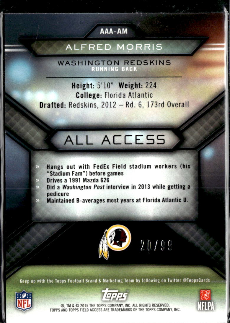 Alfred Morris 2015 Topps Field Access Blue 20/99 Washington Redskins