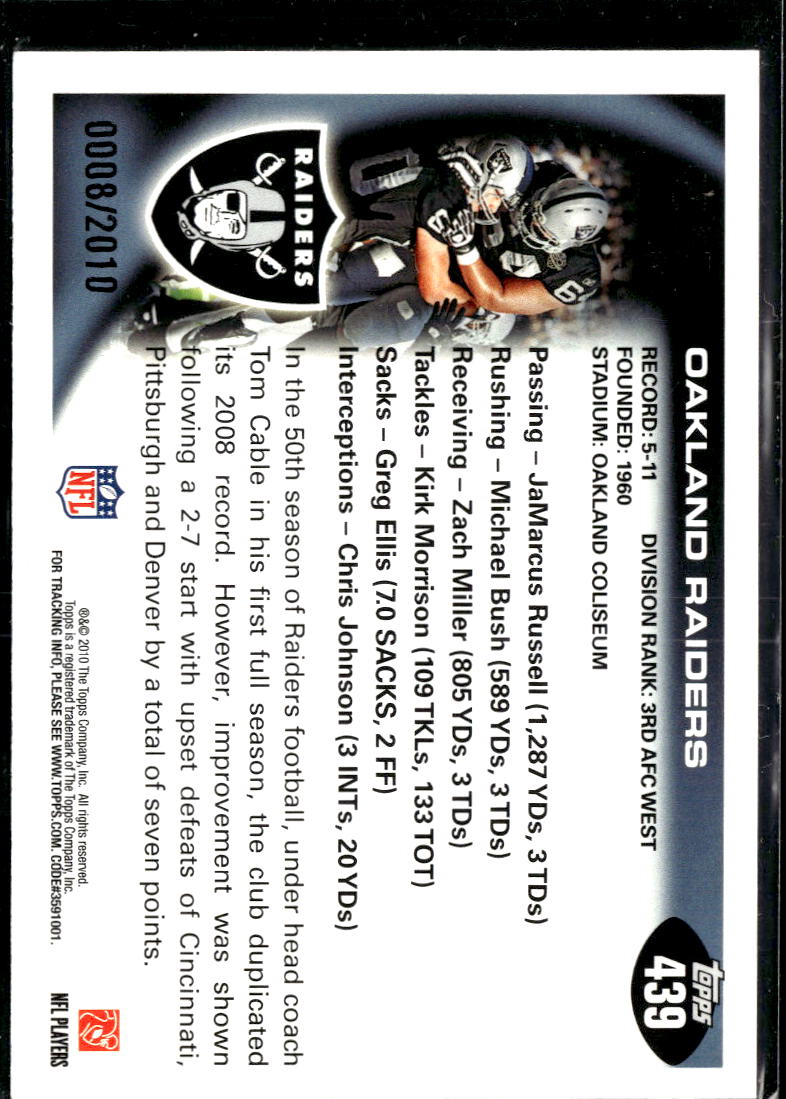 Oakland Raiders 2010 Topps Gold Team Card 8/2010 Oakland Raiders