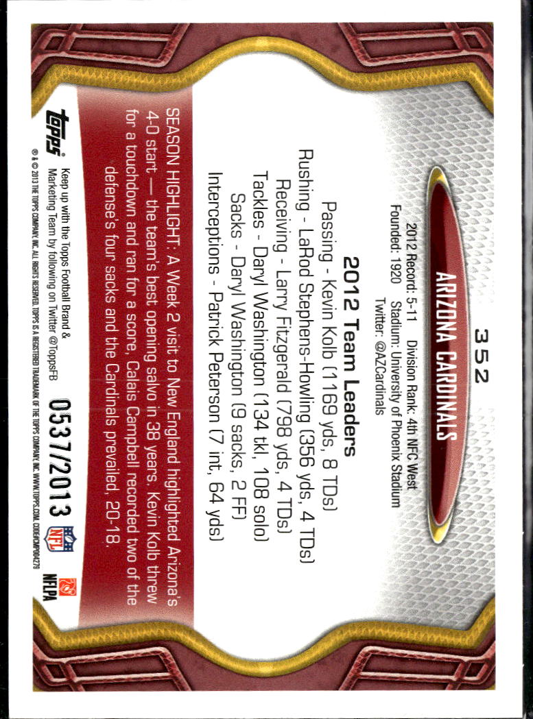 Arizona Cardinals 2013 Topps Gold Team Card 537/2013