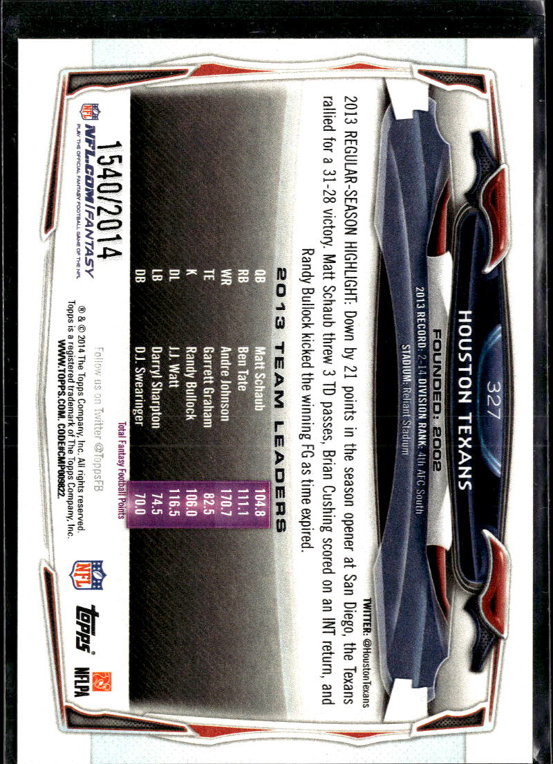 Houston Texans 2014 Topps Gold Team Card 1540/2014 Houston Texans