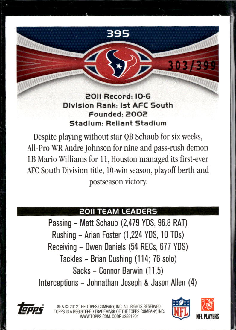 Johnathan Joseph 2012 Topps Camo Team Card /399 Houston Texans