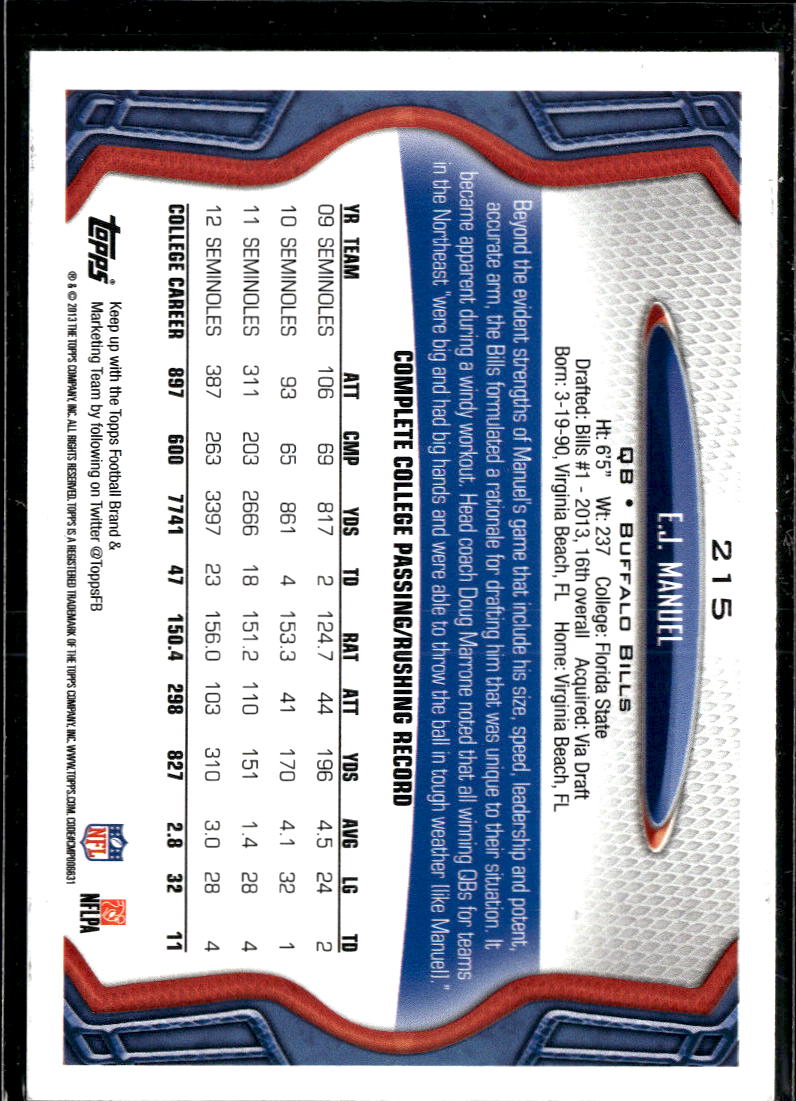 E.J. Manuel 2013 Topps Image Variation SSP Rookie RC Buffalo Bills