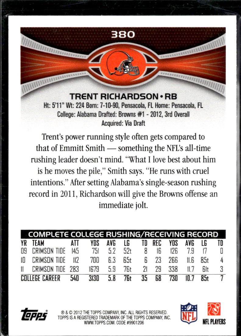 Trent Richardson 2012 Topps Image Variation SSP Rookie RC Cleveland Browns