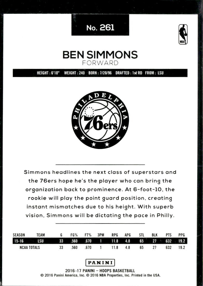 Ben Simmons 2016 Panini NBA Hoops Rookie RC Philadelphia 76ers