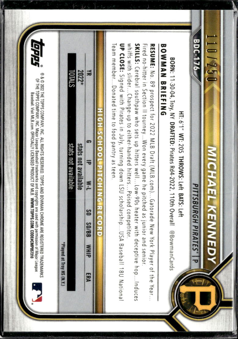 Michael Kennedy 2022 Bowman Chrome 1st Purple Refractor /250 Pittsburgh Pirates