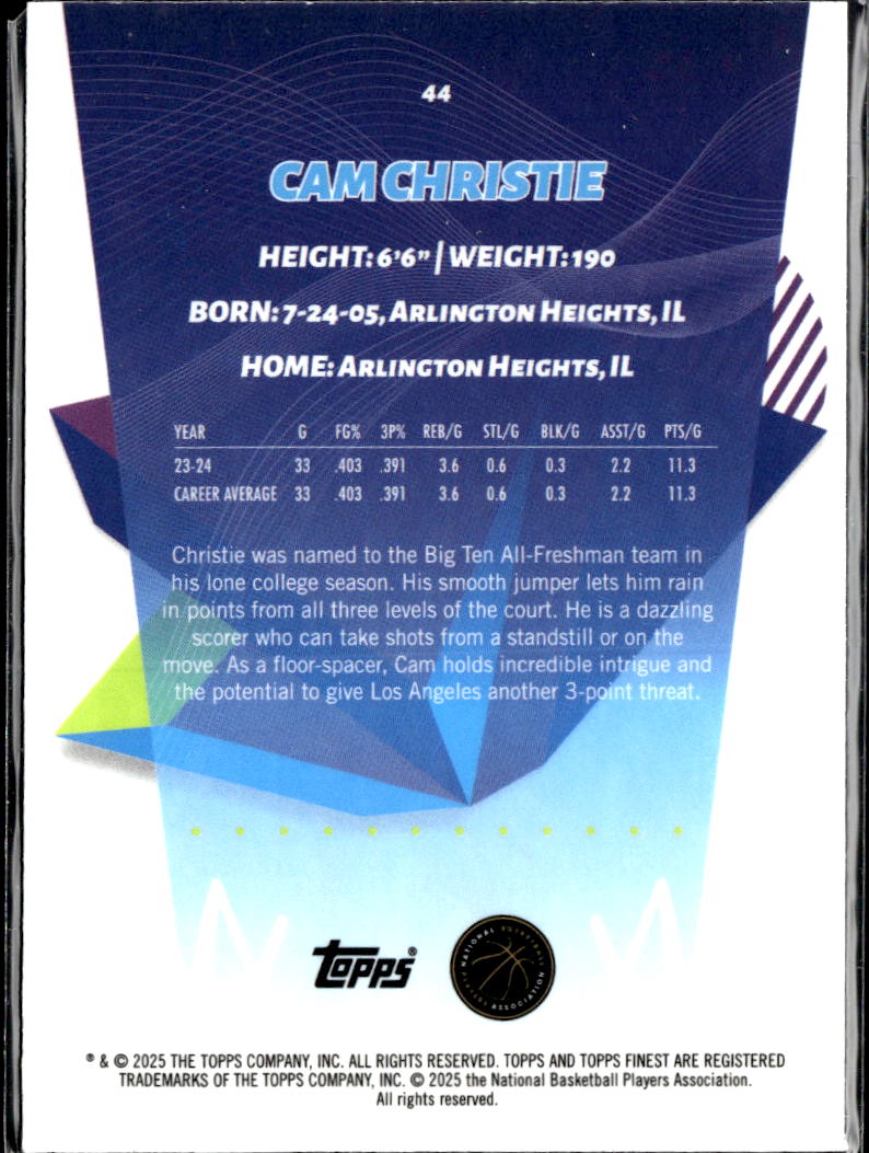 Cam Christie 2025 Topps Finest RC Green Refractor 130/150 Los Angeles Clippers