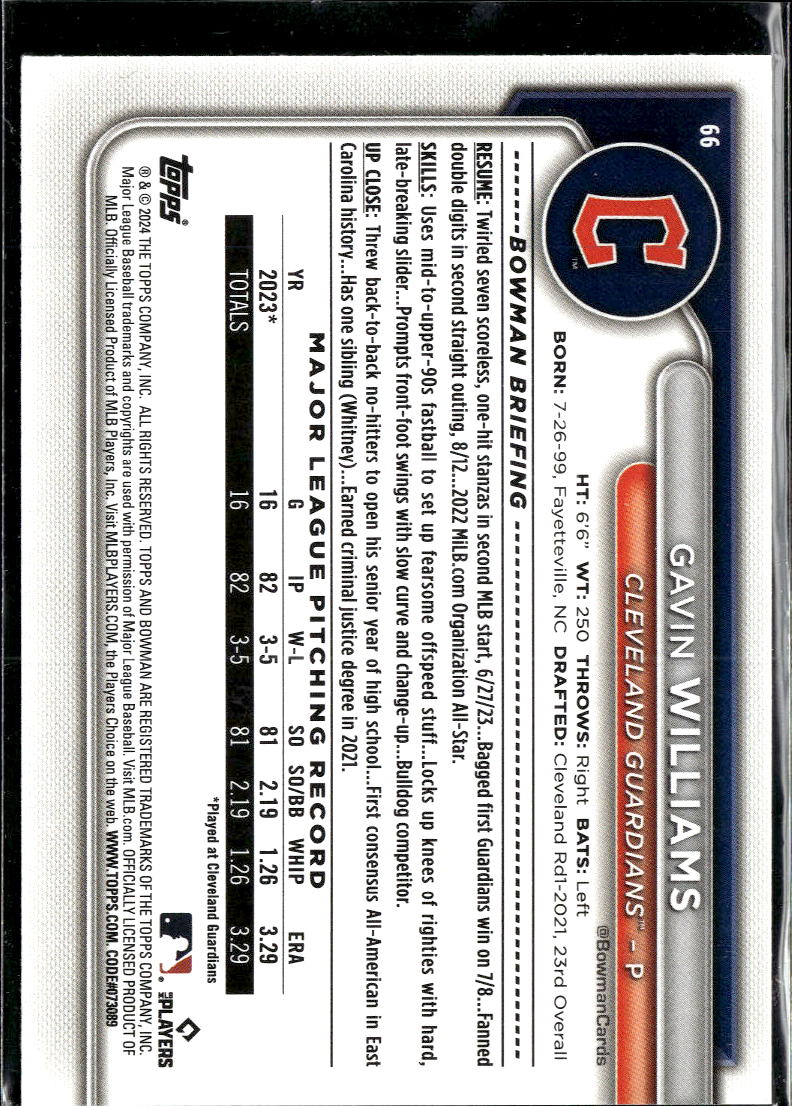 Gavin Williams 2024 Bowman RC Rookie Green /399 Cleveland Guardians