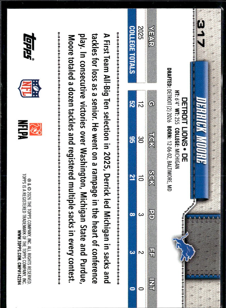 Derrick Moore 2026 Topps Rainbow Foil Rookie RC Detroit Lions