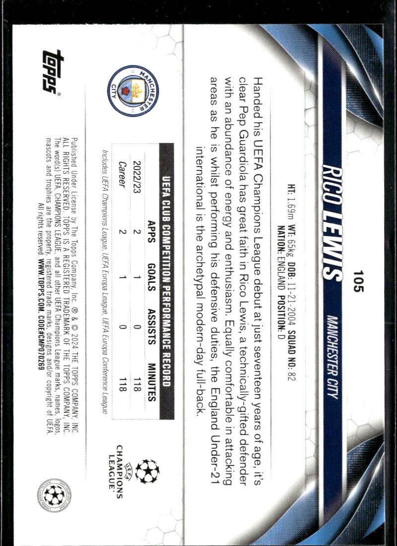 Rico Lewis 2024 Topps UEFA Yellow Star Ball Future Stars Manchester City