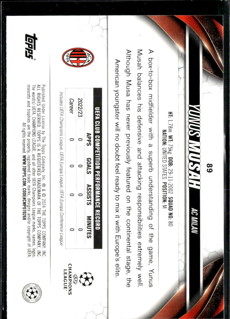Yunus Musah 2024 Topps UEFA Club Competitions Yellow Star Ball AC Milan