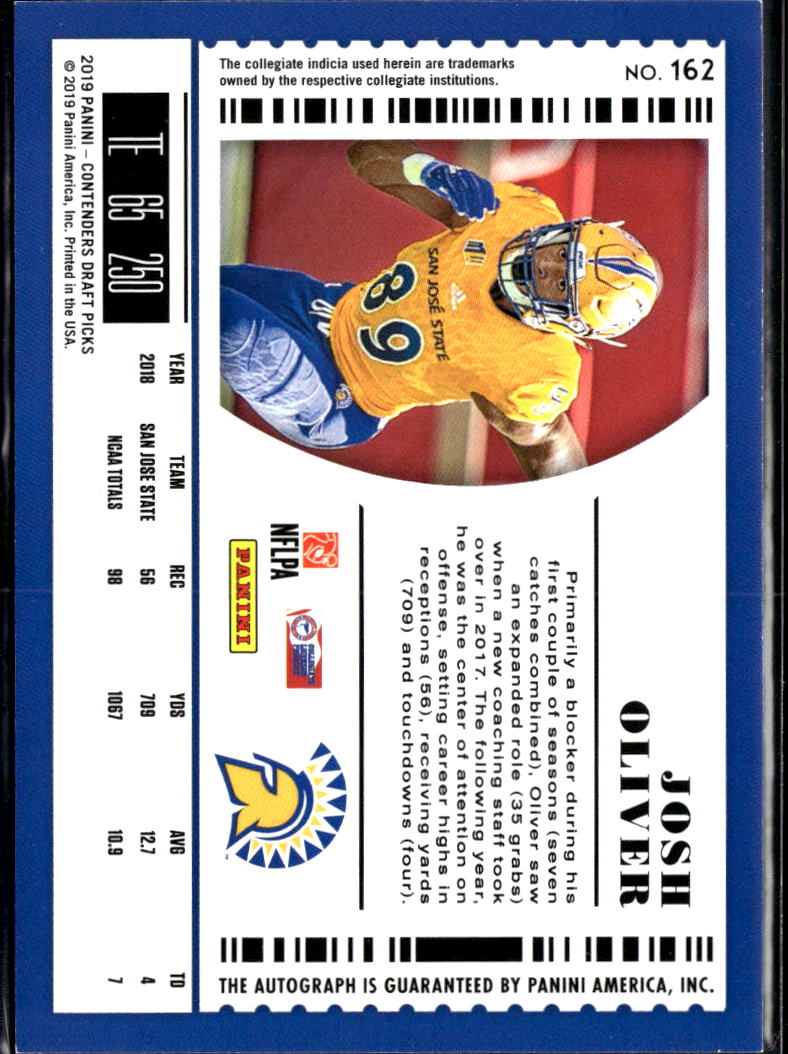Josh Oliver 2019 Contenders Draft Auto Autograph RC San Jose State Spartans