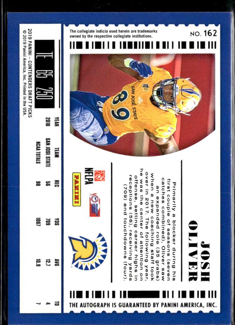 Josh Oliver 2019 Contenders Draft Auto Autograph RC San Jose State Spartans